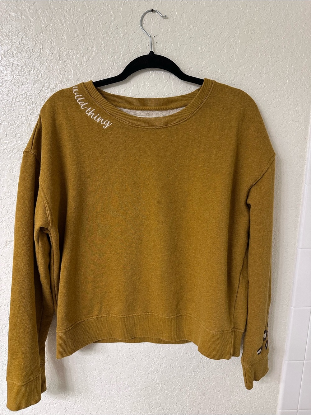 PACT Organic Cotton Wild Thing Mustard Crewneck Sweatshirt with Leopard Sleeve